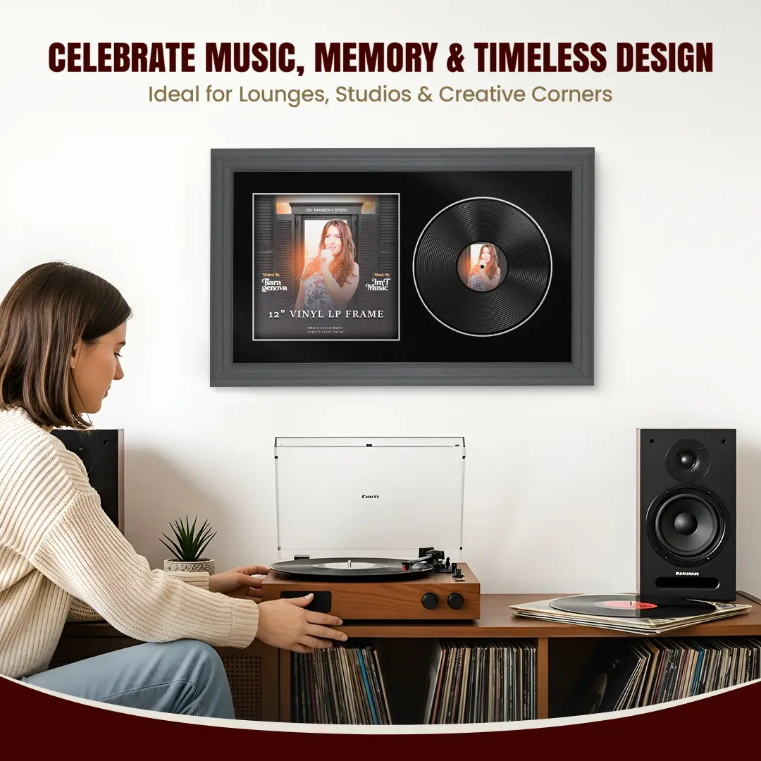 30x17" Classic Dark Grey Vinyl Record Frame With Black Mount | Displays 12" LP Cover & Disc Side by Side thumbnail 4