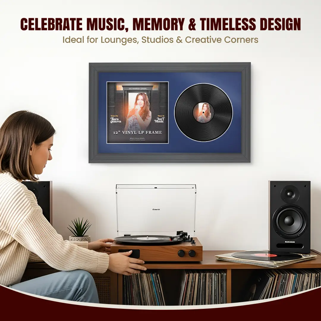 30x17" Classic Dark Grey Vinyl Record Frame With Blue Mount | Side by Side 12" LP Cover & Disc Display thumbnail 4