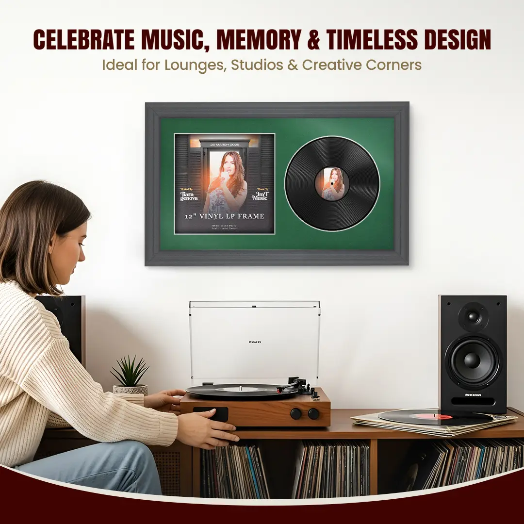 30x17" Classic Dark Grey Vinyl Record Frame With Silver Mount | For 12" LP Cover and Disc Side By Side Display thumbnail 4