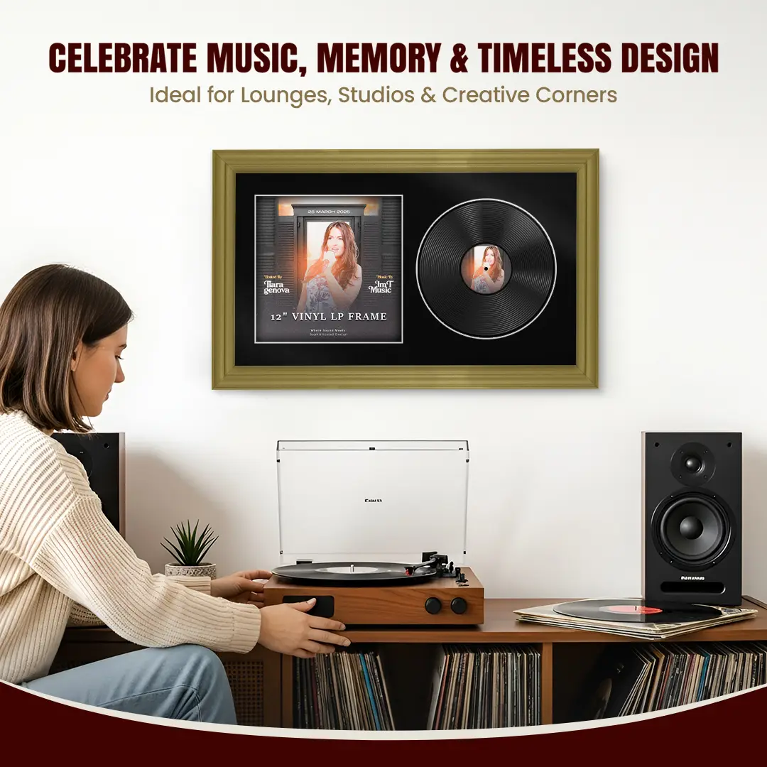 30x17" Classic Gold Vinyl Record Frame With Black Mount | Side by Side 12" LP Cover & Disc Display thumbnail 4