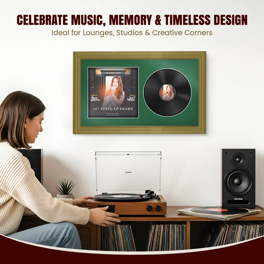 30x17" Classic Gold Vinyl Record Frame With Emerald (Green) Mount | For 12" LP Cover and Disc Side By Side Display thumbnail 4