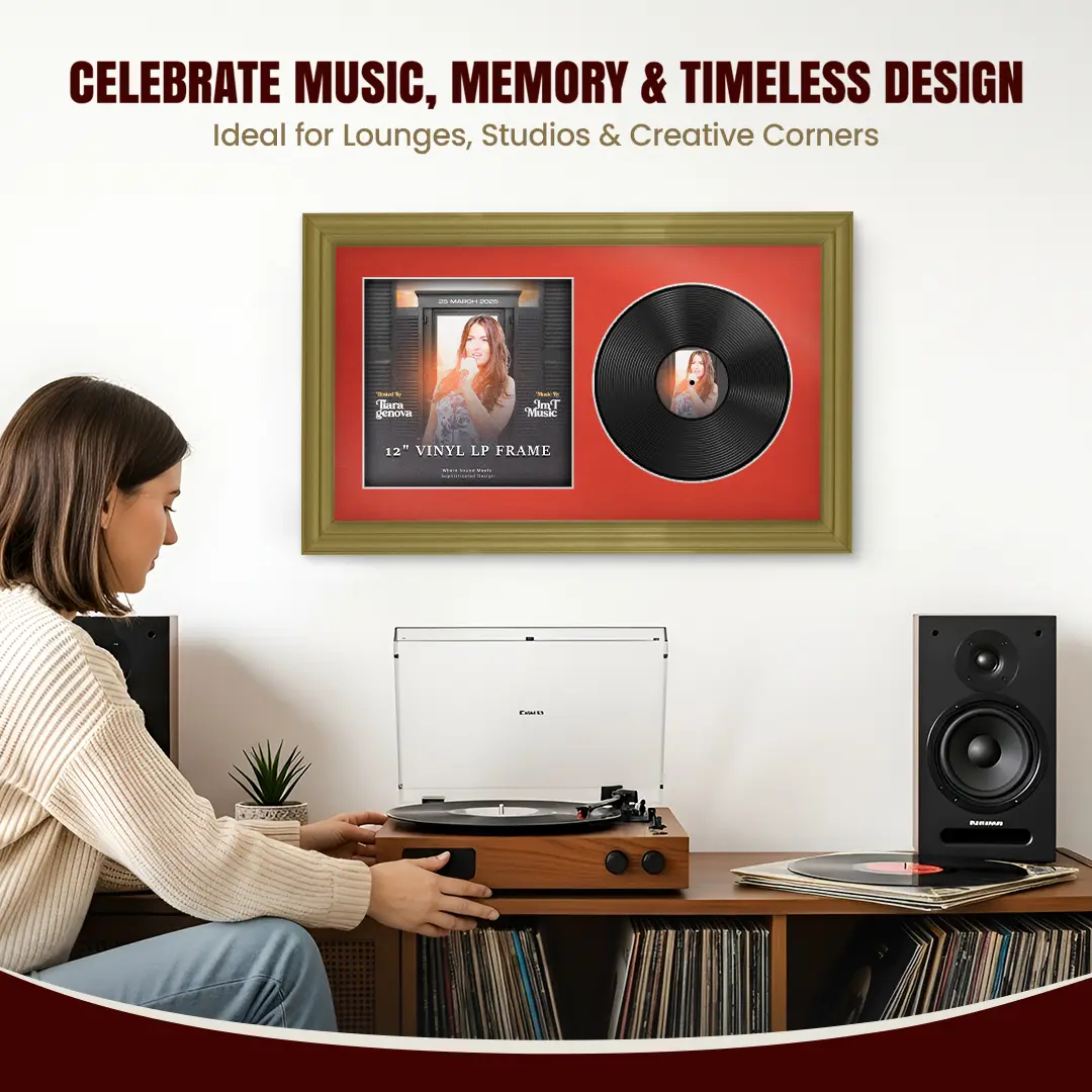 30x17" Classic Gold Vinyl Record Frame With Poppy Red Mount | Side by Side 12" LP Cover & Disc Display thumbnail 4