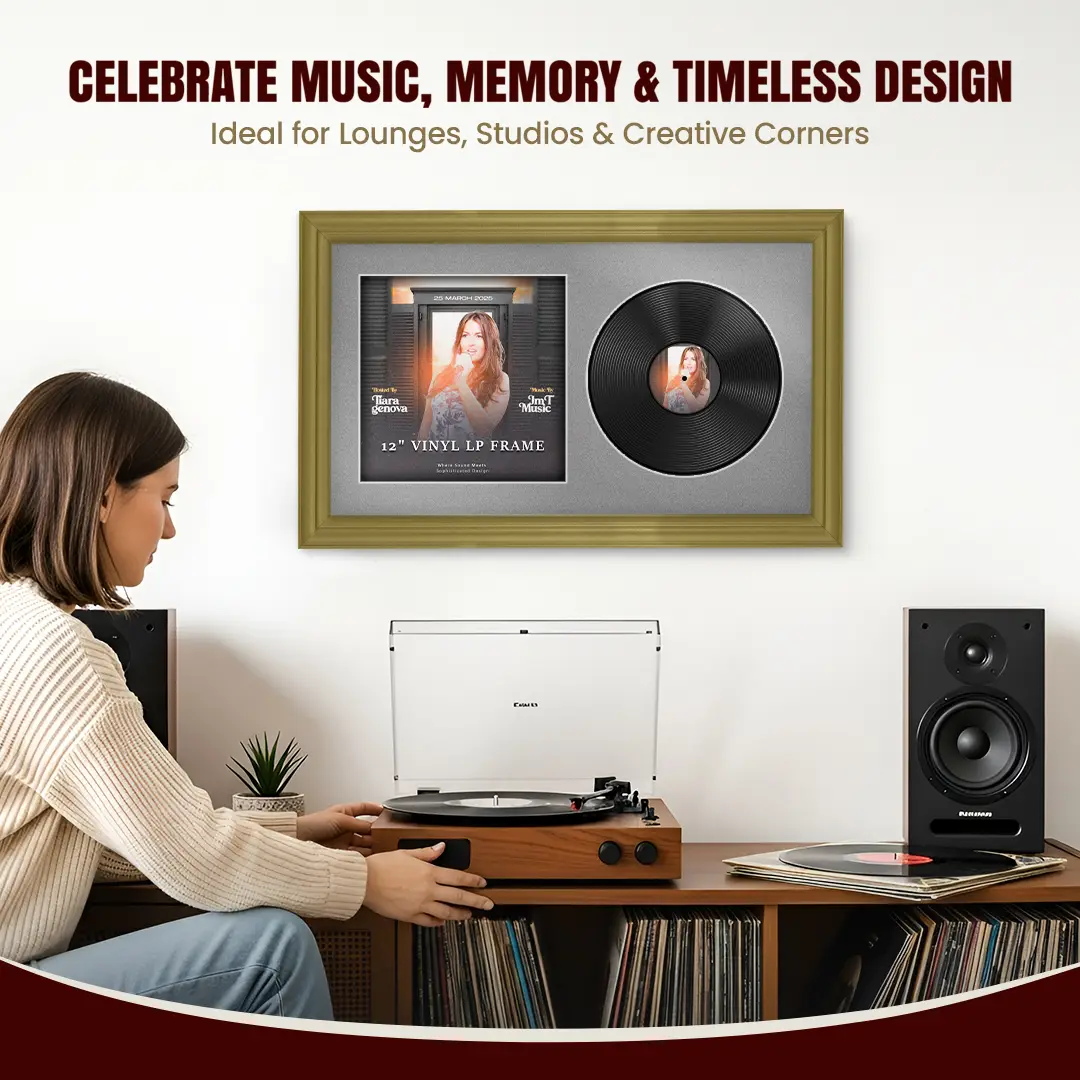 30x17" Classic Gold Vinyl Record Frame With Silver Mount | Displays 12" LP Cover & Disc Side by Side thumbnail 4