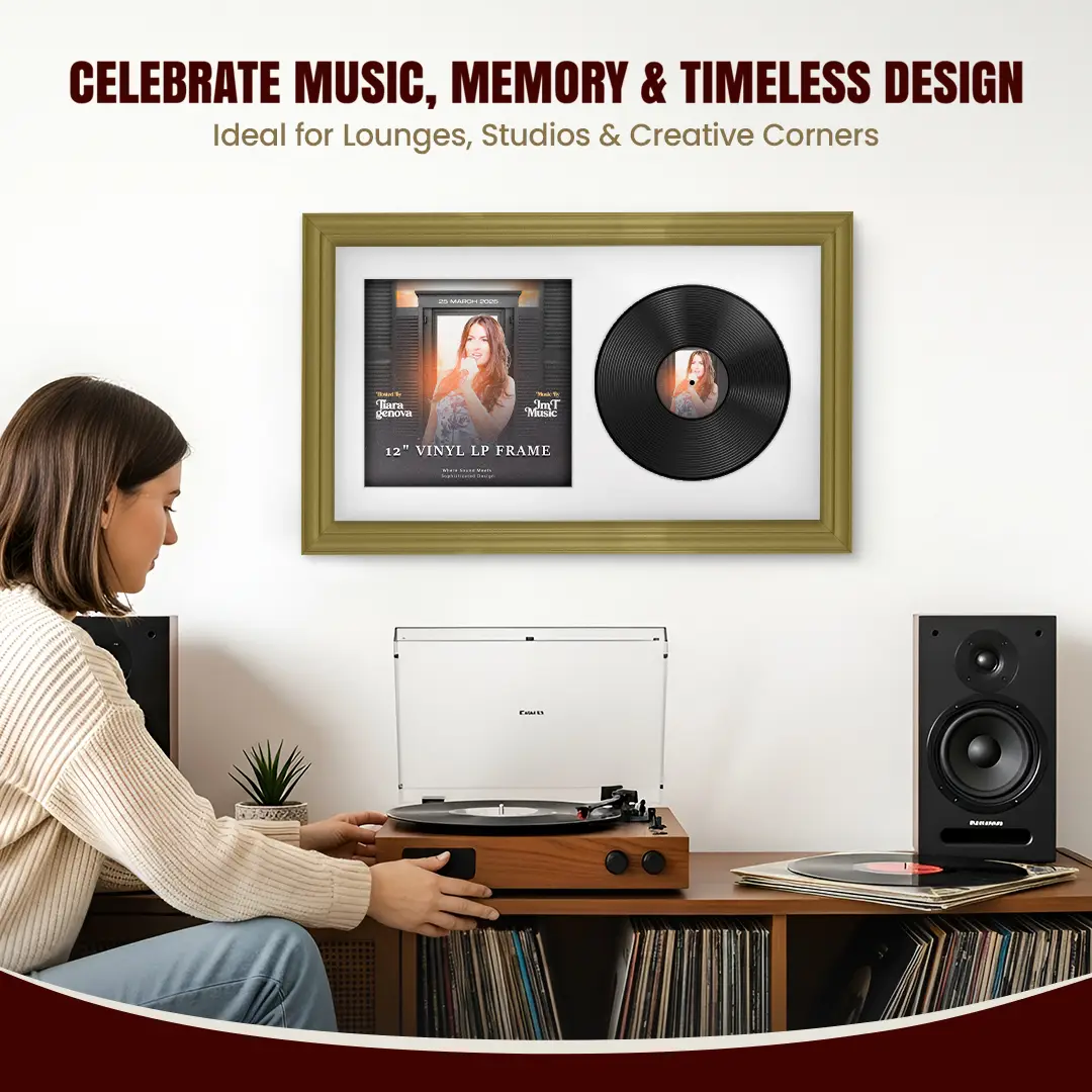30x17" Classic Gold Vinyl Record Frame With Ice White Mount | Side by Side 12" LP Cover & Disc Display thumbnail 4