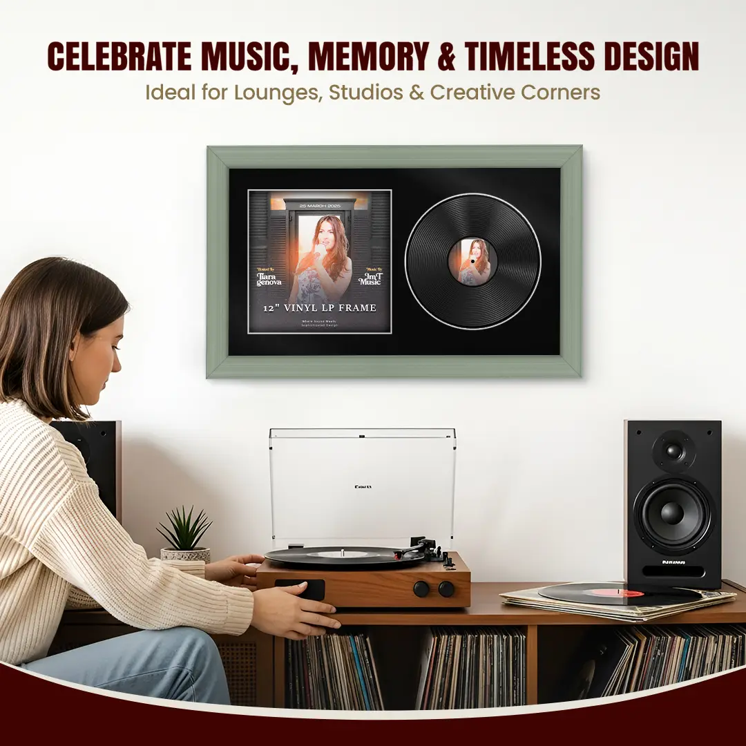 30x17" Classic Green Vinyl Record Frame With Black Mount | Displays 12" LP Cover & Disc Side by Side thumbnail 4