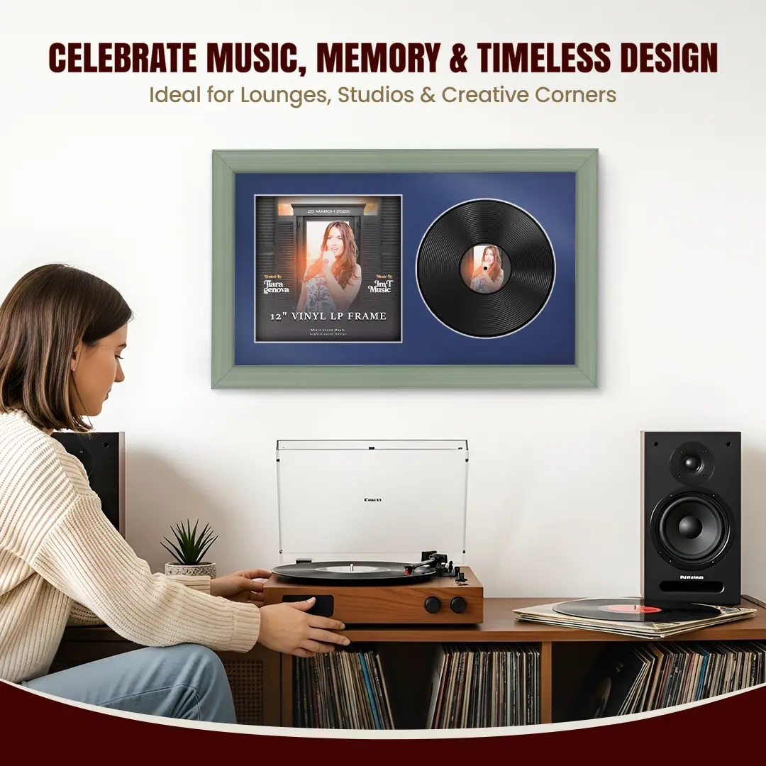 30x17" Classic Green Vinyl Record Frame With Blue Mount | Side by Side 12" LP Cover & Disc Display thumbnail 4