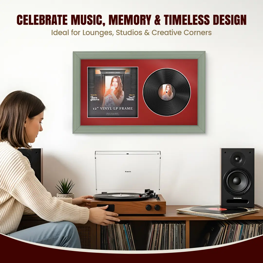 30x17" Classic Green Vinyl Record Frame With Crimson Mount | For 12" LP Cover and Disc Side By Side Display thumbnail 4