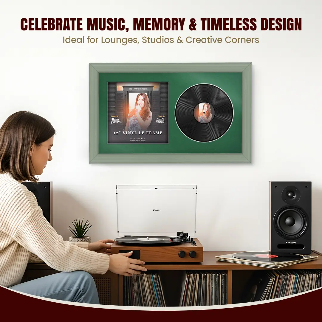 30x17" Classic Green Vinyl Record Frame With Emerald (Green) Mount | Side by Side 12" LP Cover & Disc Display thumbnail 4