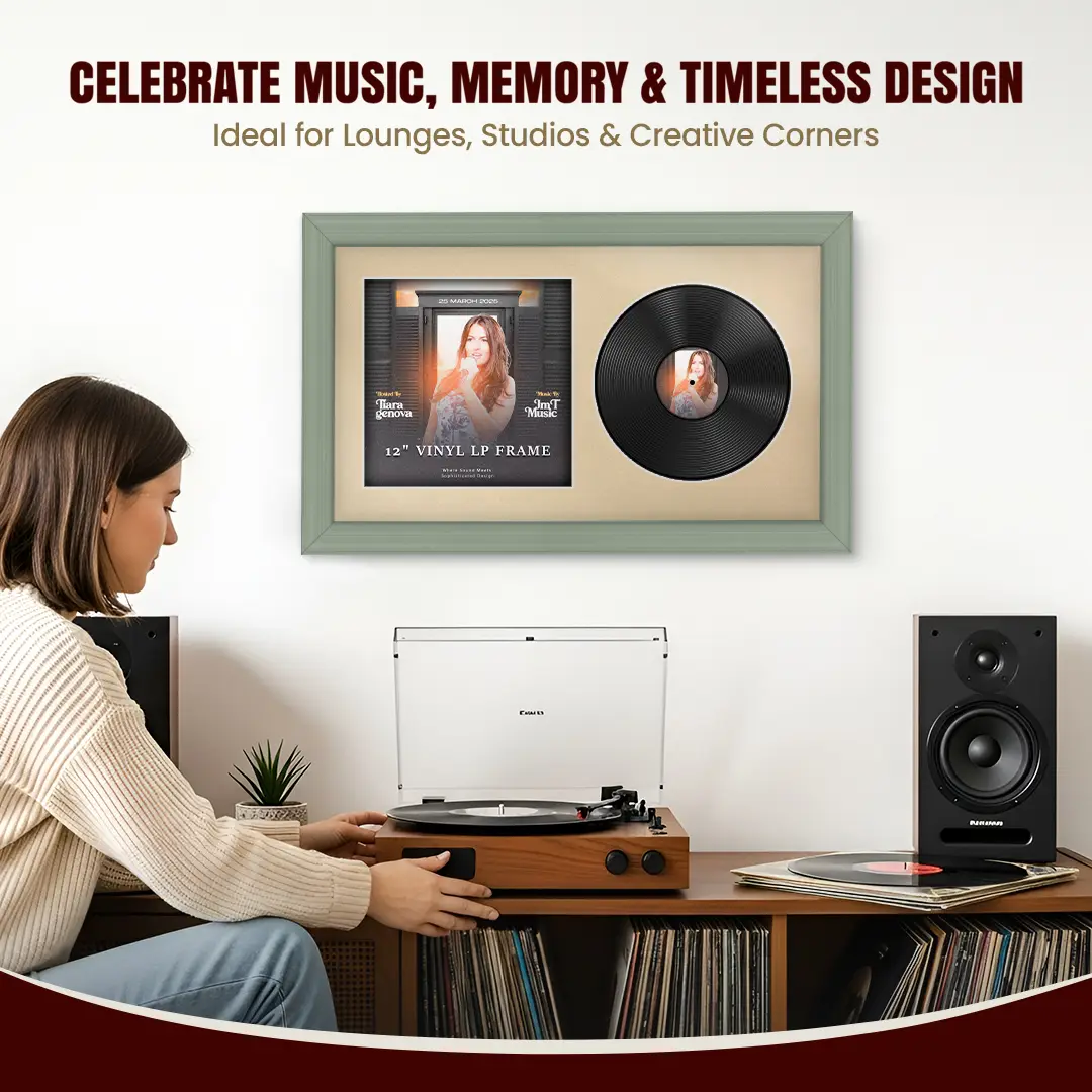 30x17" Classic Green Vinyl Record Frame With Ivory Mount | Displays 12" LP Cover & Disc Side by Side thumbnail 4