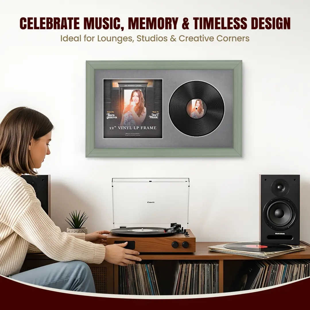30x17" Classic Green Vinyl Record Frame With Mid Grey Mount | For 12" LP Cover and Disc Side By Side Display thumbnail 4