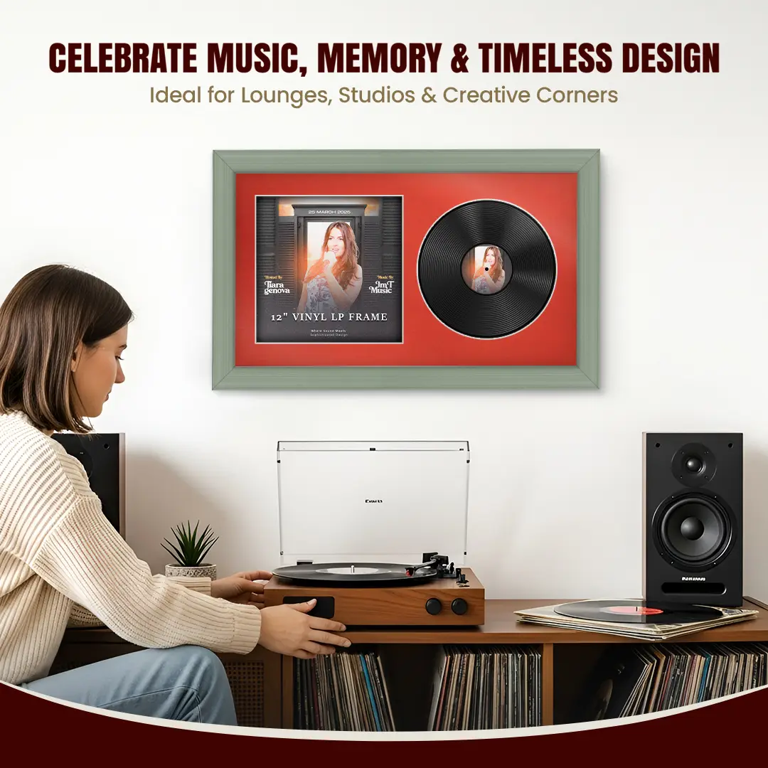 30x17" Classic Green Vinyl Record Frame With Poppy Red Mount | Side by Side 12" LP Cover & Disc Display thumbnail 4