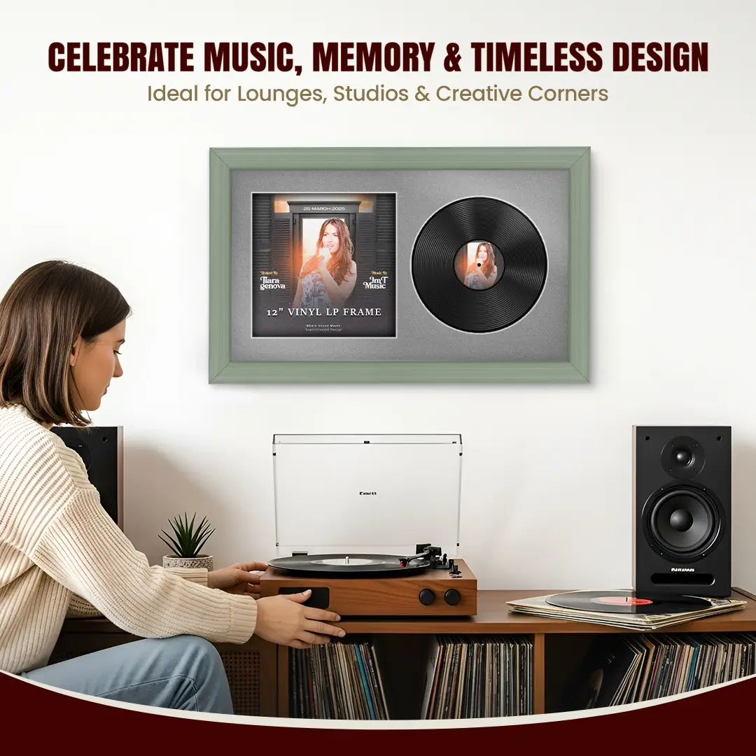 30x17" Classic Green Vinyl Record Frame With Silver Mount | Displays 12" LP Cover & Disc Side by Side thumbnail 4