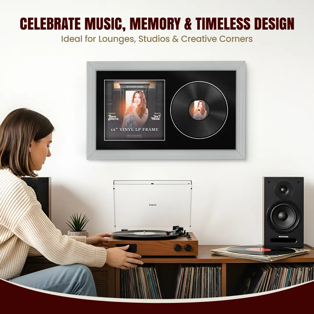 30x17" Classic Light Grey Vinyl Record Frame With Black Mount | Side by Side 12" LP Cover & Disc Display thumbnail 4