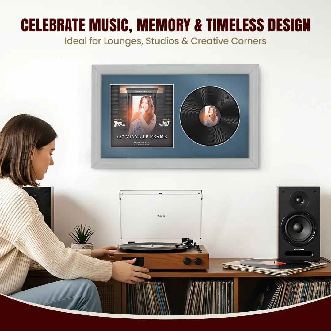 30x17" Classic Light Grey Vinyl Record Frame With Pompador Mount | Displays 12" LP Cover & Disc Side by Side thumbnail 4
