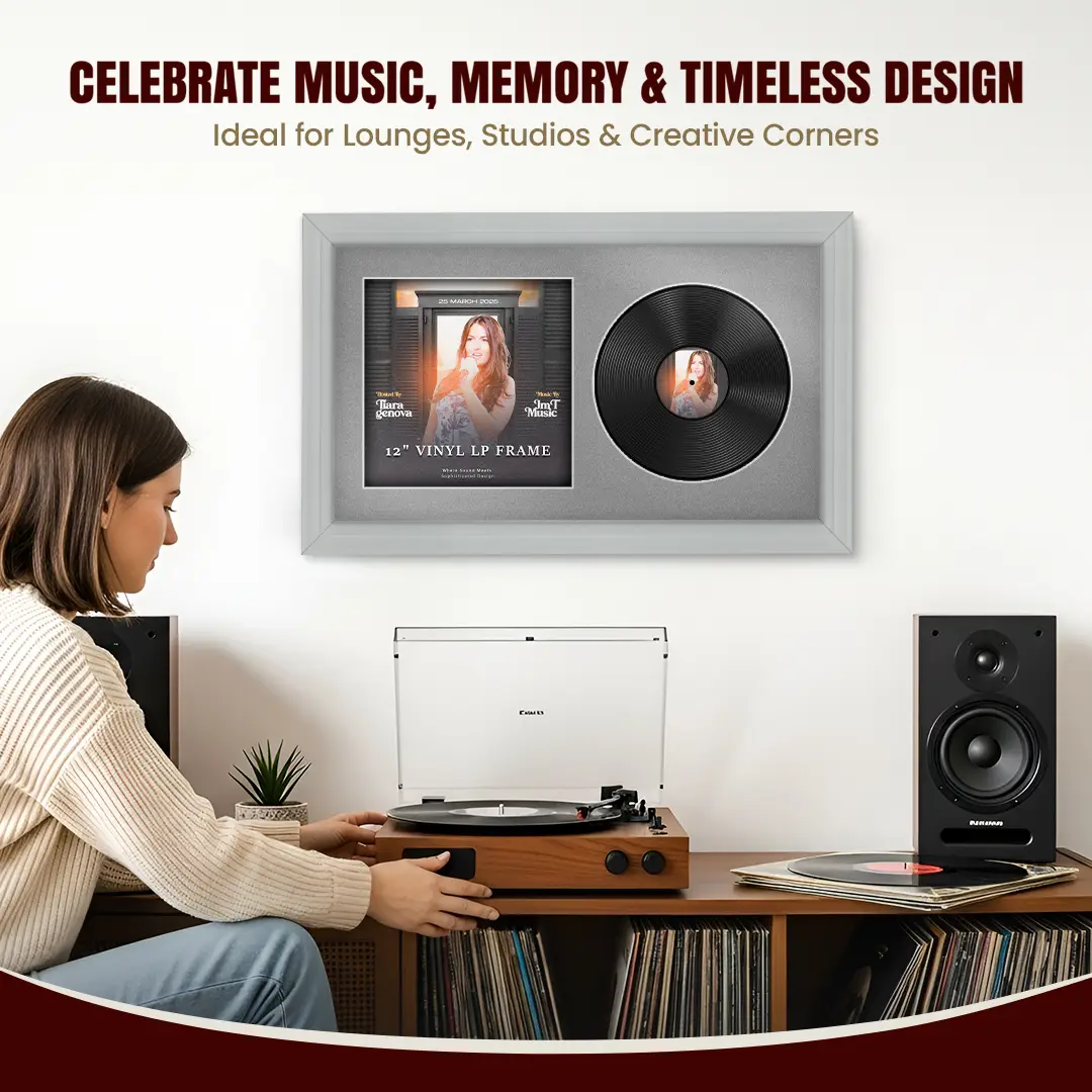 30x17" Classic Light Grey Vinyl Record Frame With Silver Mount | Side by Side 12" LP Cover & Disc Display thumbnail 4