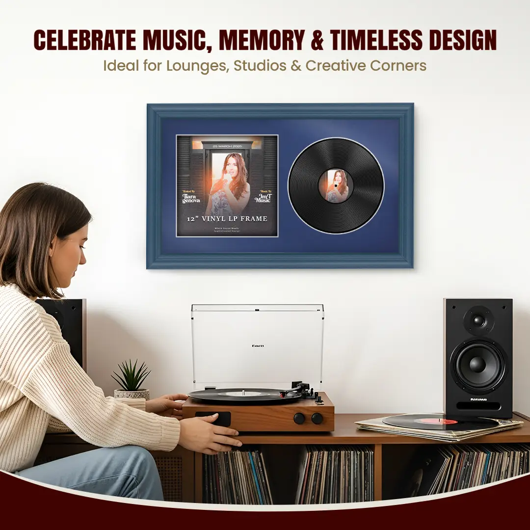 30x17" Classic Navy Blue Vinyl Record Frame With Silver Mount | Displays 12" LP Cover & Disc Side by Side thumbnail 4