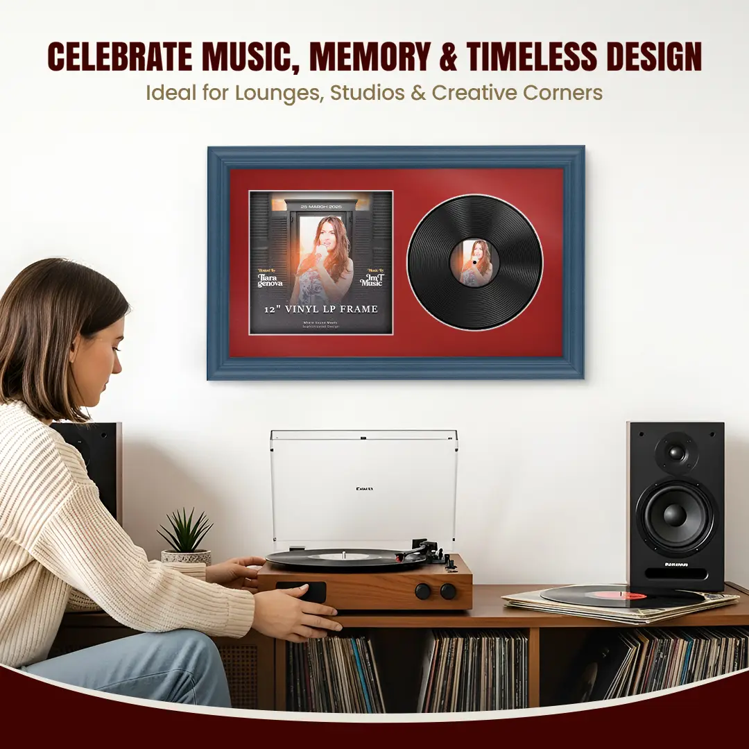 30x17" Classic Navy Blue Vinyl Record Frame With Crimson Mount | For 12" LP Cover and Disc Side By Side Display thumbnail 4