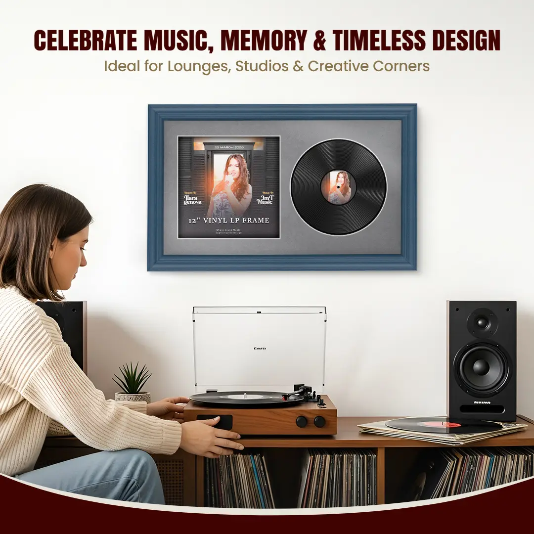 30x17" Classic Navy Blue Vinyl Record Frame With Mid Grey Mount | Displays 12" LP Cover & Disc Side by Side thumbnail 4