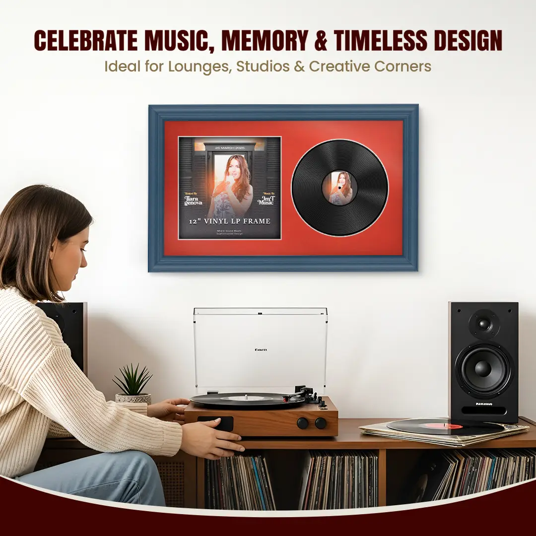 30x17" Classic Navy Blue Vinyl Record Frame With Poppy Red Mount | Displays 12" LP Cover & Disc Side by Side thumbnail 4