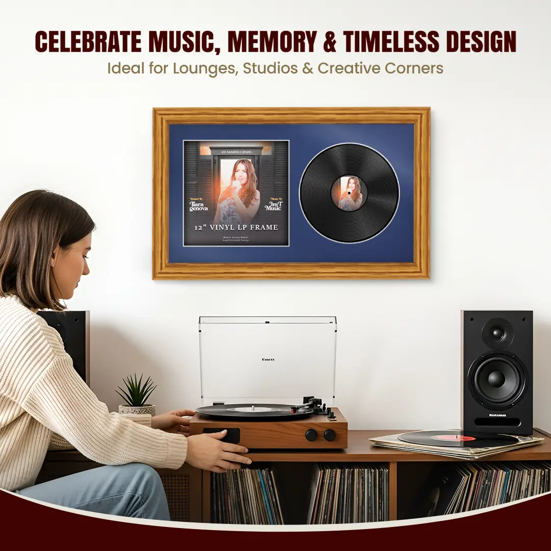 30x17" Classic Oak Vinyl Record Frame With Blue Mount | Displays 12" LP Cover & Disc Side by Side thumbnail 4