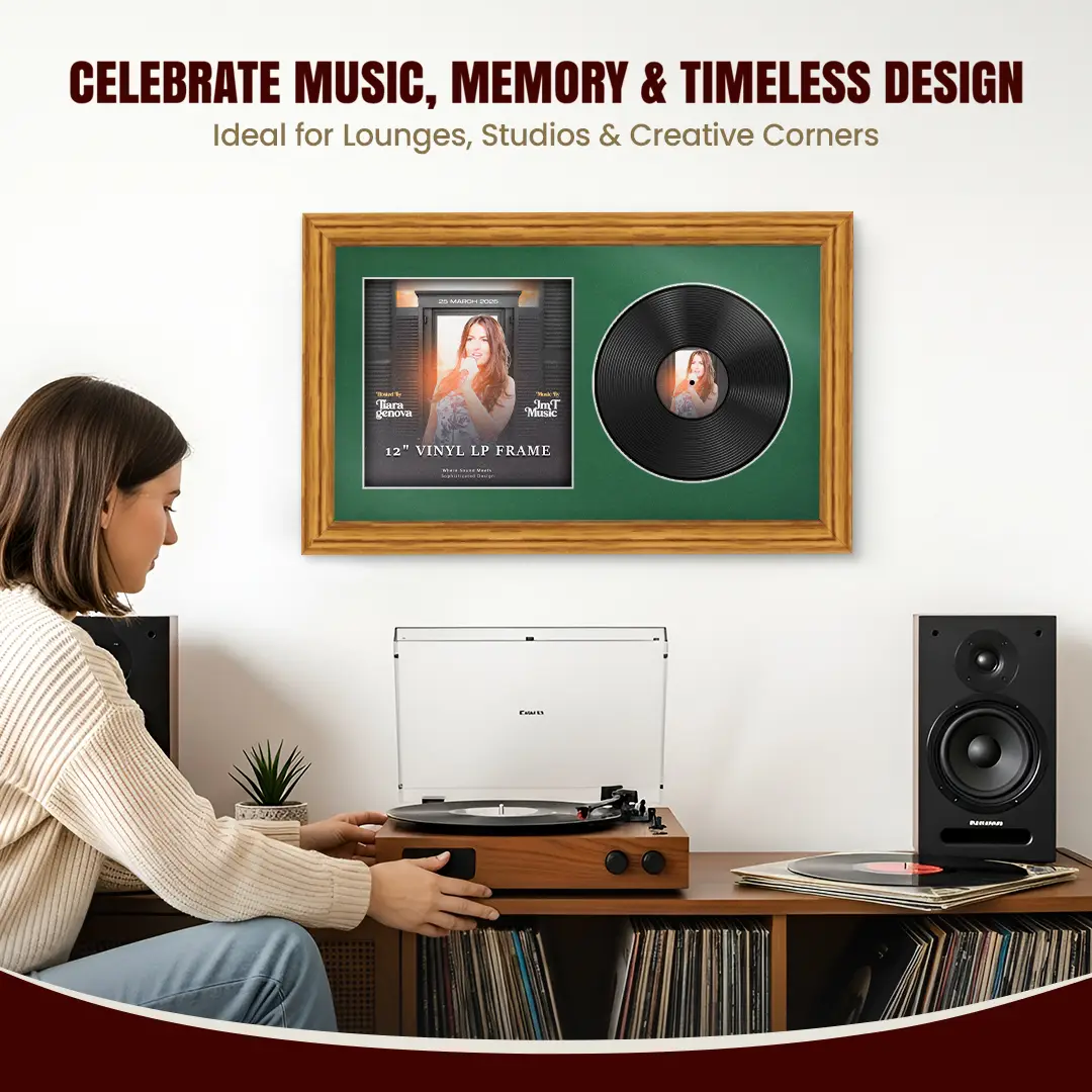 30x17" Classic Oak Vinyl Record Frame With Silver Mount | Displays 12" LP Cover & Disc Side by Side thumbnail 4