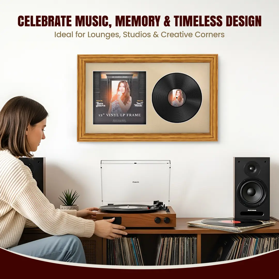 30x17" Classic Oak Vinyl Record Frame With Ivory Mount | Side by Side 12" LP Cover & Disc Display thumbnail 4