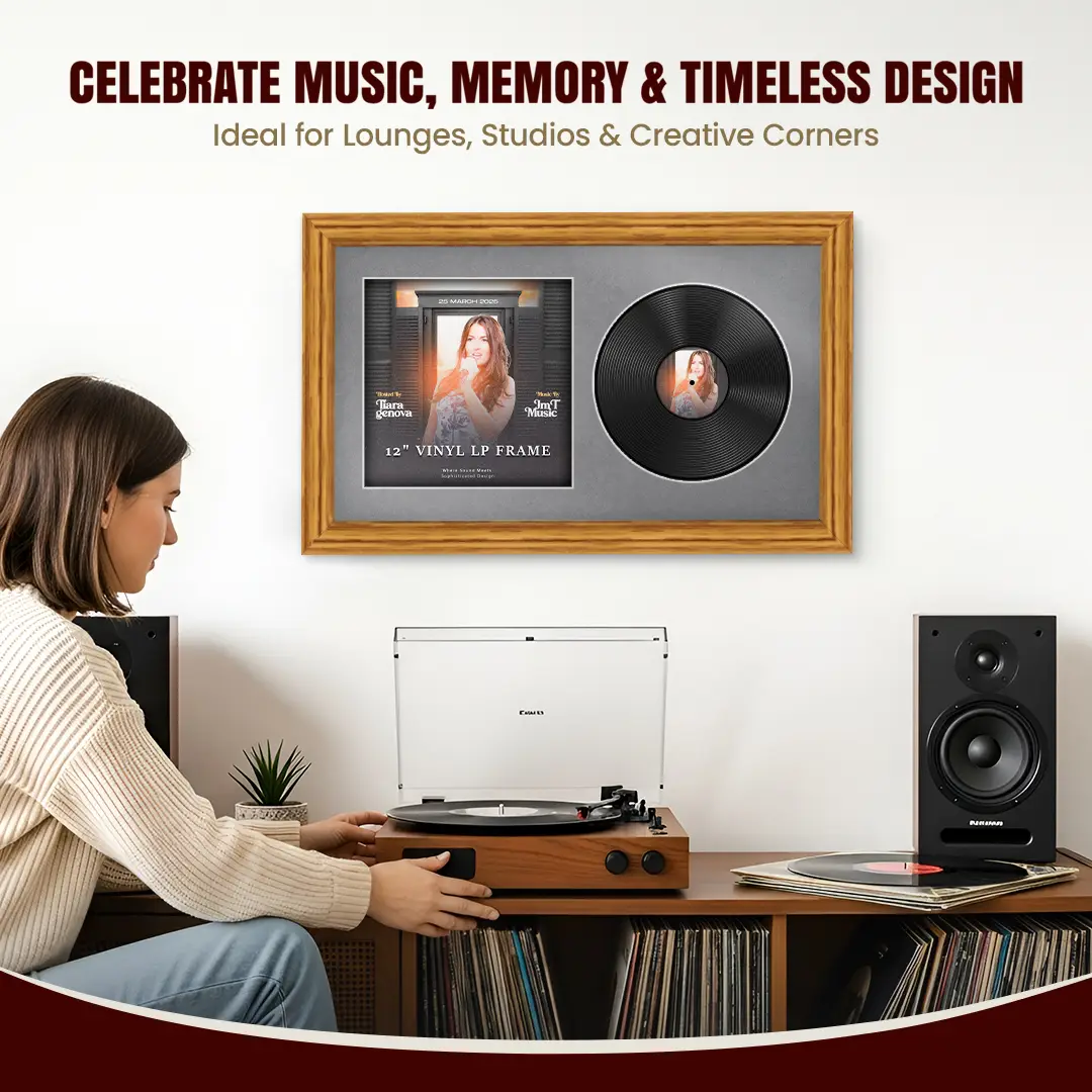30x17" Classic Oak Vinyl Record Frame With Mid Grey Mount | Displays 12" LP Cover & Disc Side by Side thumbnail 4