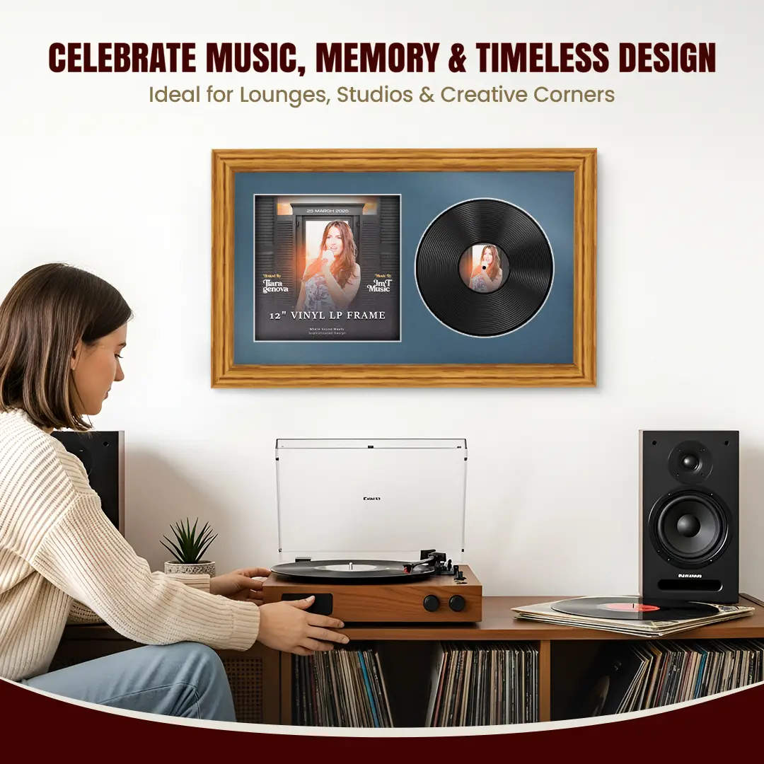 30x17" Classic Oak Vinyl Record Frame With Pompador Mount | Displays 12" LP Cover & Disc Side by Side thumbnail 4