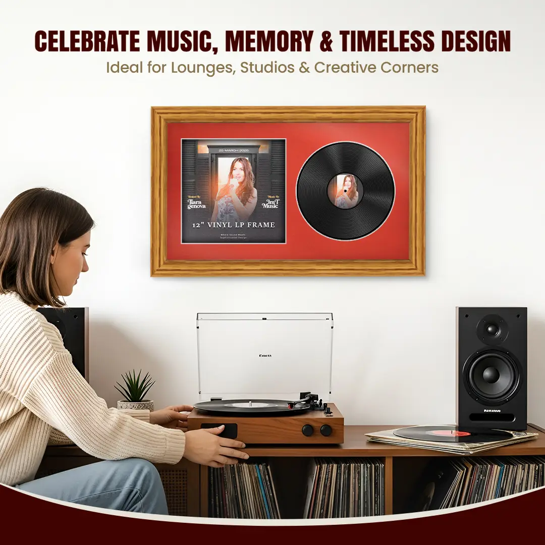 30x17" Classic Oak Vinyl Record Frame With Poppy Red Mount | Displays 12" LP Cover & Disc Side by Side thumbnail 4