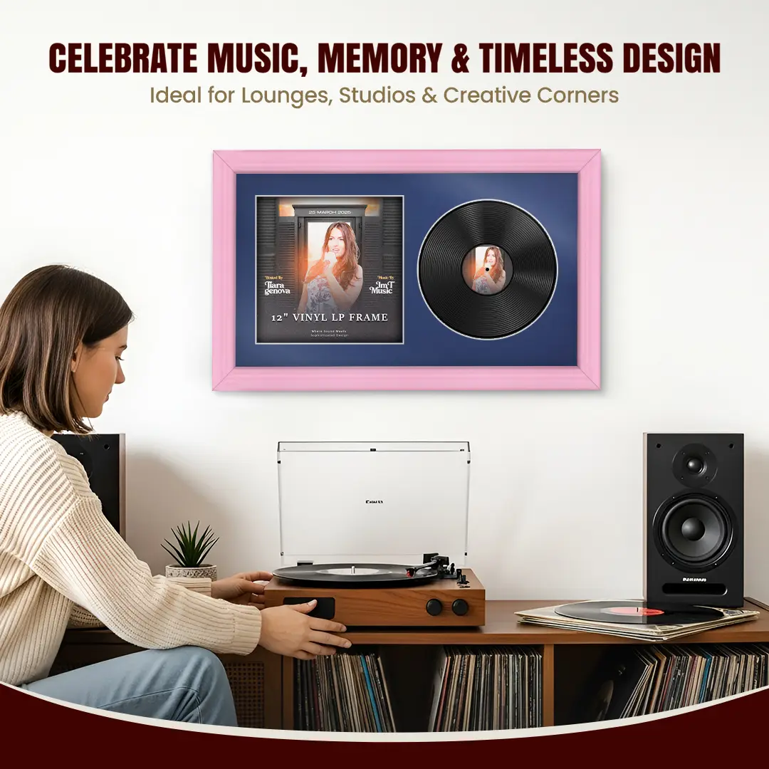 30x17" Classic Pastel Pink Vinyl Record Frame With Blue Mount | For 12" LP Cover and Disc Side By Side Display thumbnail 4