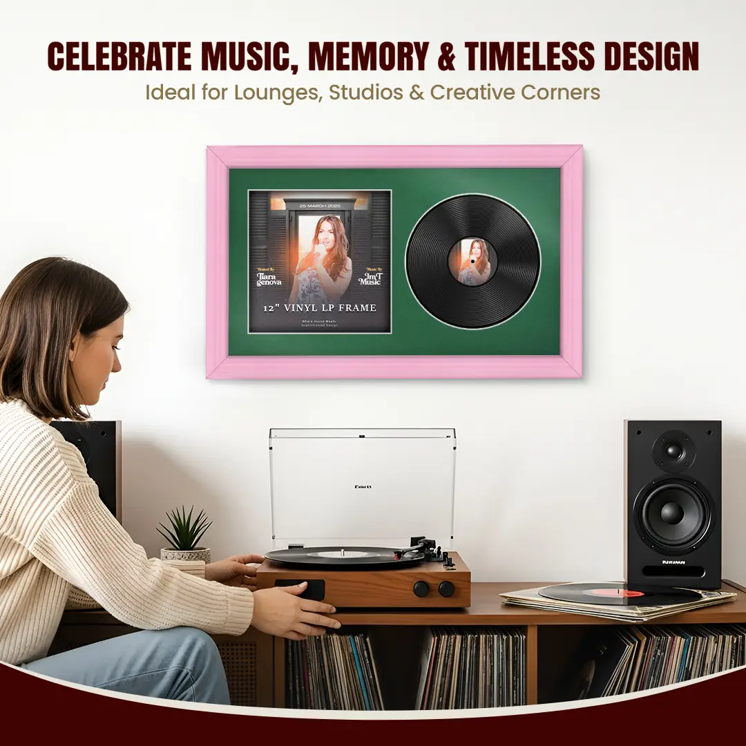 30x17" Classic Pastel Pink Vinyl Record Frame With Emerald (Green) Mount | Side by Side 12" LP Cover & Disc Display thumbnail 4