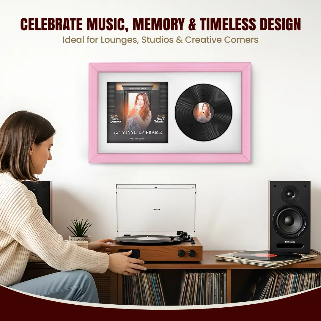 30x17" Classic Pastel Pink Vinyl Record Frame With Ice White Mount | Displays 12" LP Cover & Disc Side by Side thumbnail 4