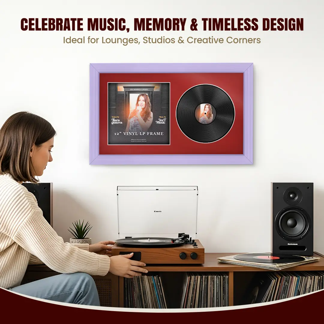 30x17" Classic Purple Vinyl Record Frame With Crimson Mount | Displays 12" LP Cover & Disc Side by Side thumbnail 4