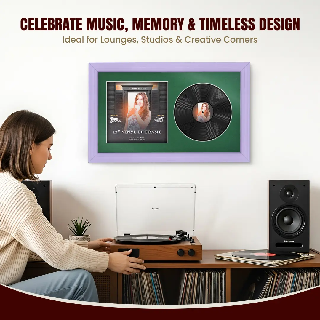 30x17" Classic Purple Vinyl Record Frame With Emerald (Green) Mount | Side by Side 12" LP Cover & Disc Display thumbnail 4