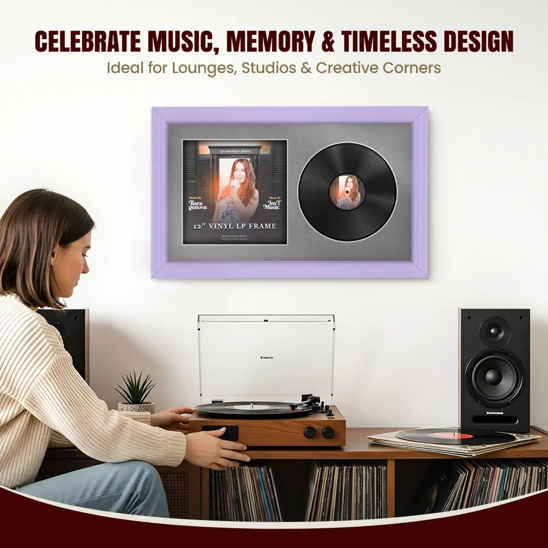 30x17" Classic Purple Vinyl Record Frame With Mid Grey Mount | Displays 12" LP Cover & Disc Side by Side thumbnail 4