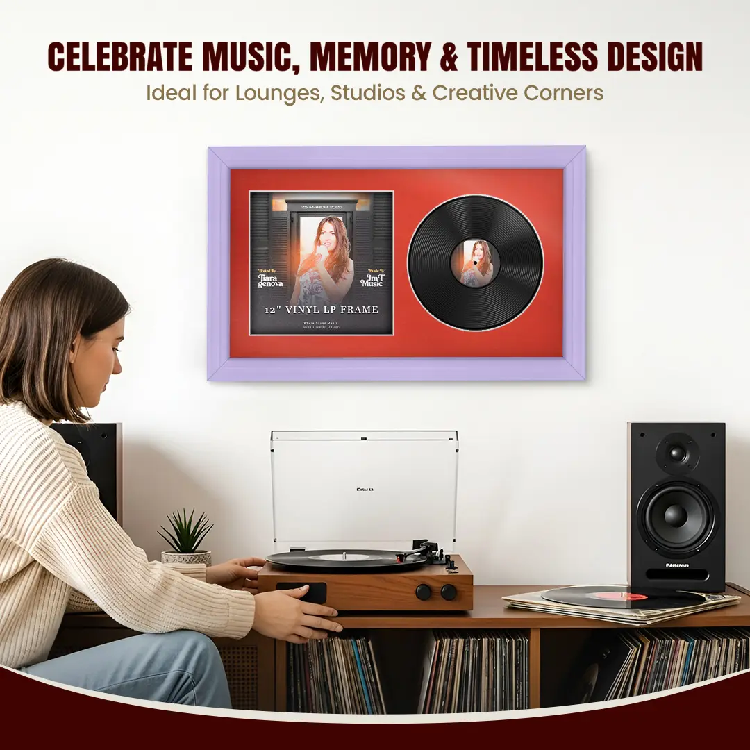 30x17" Classic Purple Vinyl Record Frame With Poppy Red Mount | For 12" LP Cover and Disc Side By Side Display thumbnail 4