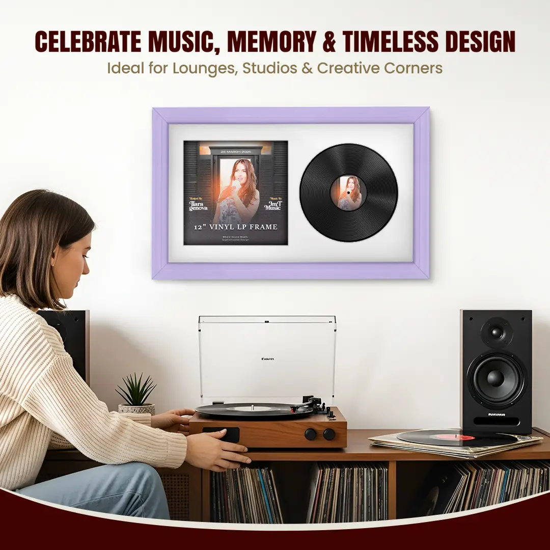 30x17" Classic Purple Vinyl Record Frame With Ice White Mount | For 12" LP Cover and Disc Side By Side Display thumbnail 4