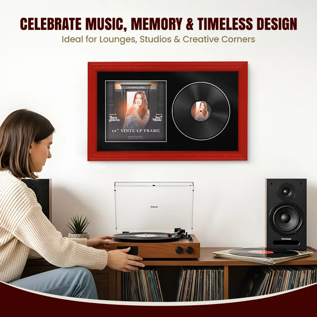 30x17" Classic Vinyl Record Frame With Poppy Red Mount | Side by Side 12" LP Cover & Disc Display thumbnail 4