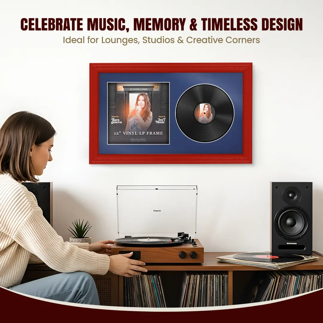 30x17" Classic Red Vinyl Record Frame With Blue Mount | For 12" LP Cover and Disc Side By Side Display thumbnail 4