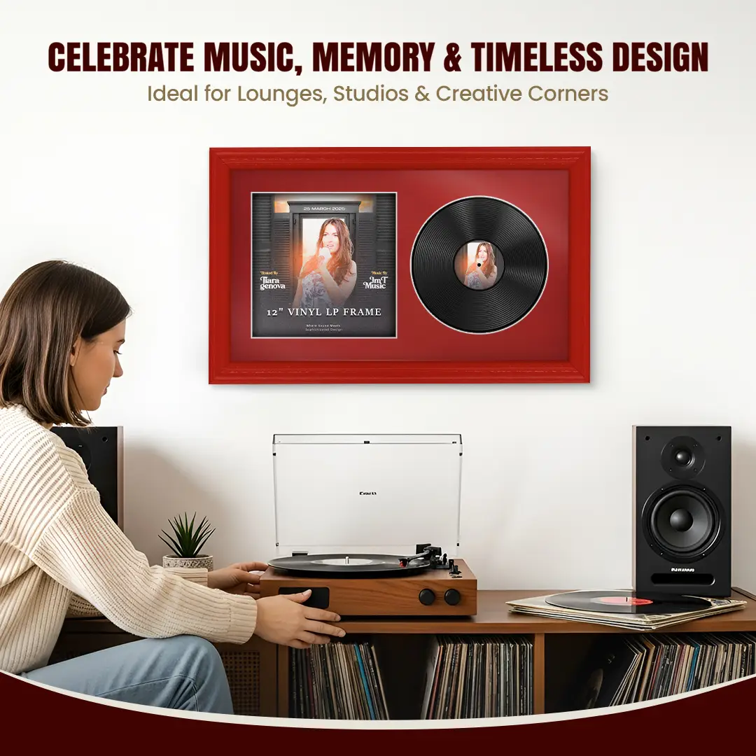 30x17" Classic Red Vinyl Record Frame With Crimson Mount | Displays 12" LP Cover & Disc Side by Side thumbnail 4