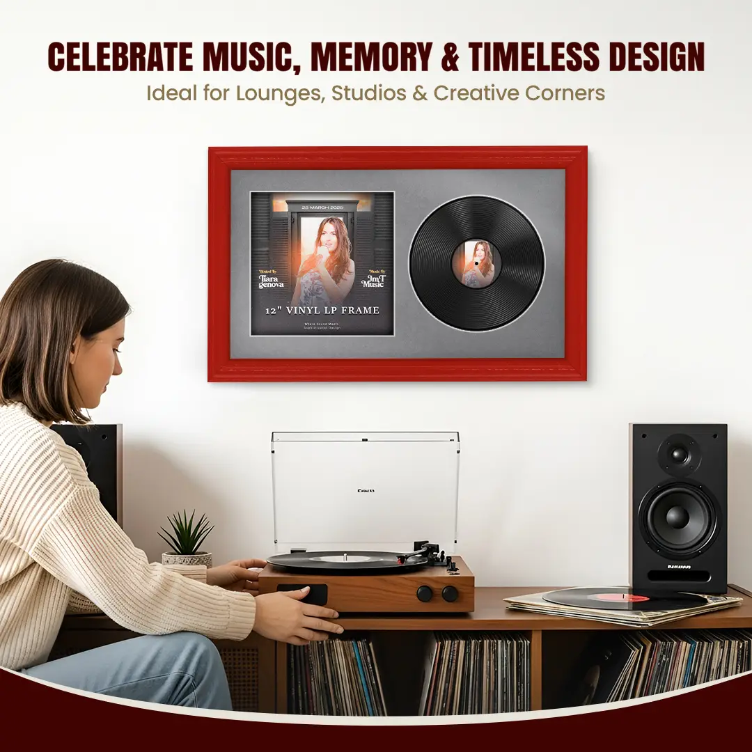 30x17" Classic Red Vinyl Record Frame With Mid Grey Mount | Side by Side 12" LP Cover & Disc Display thumbnail 4
