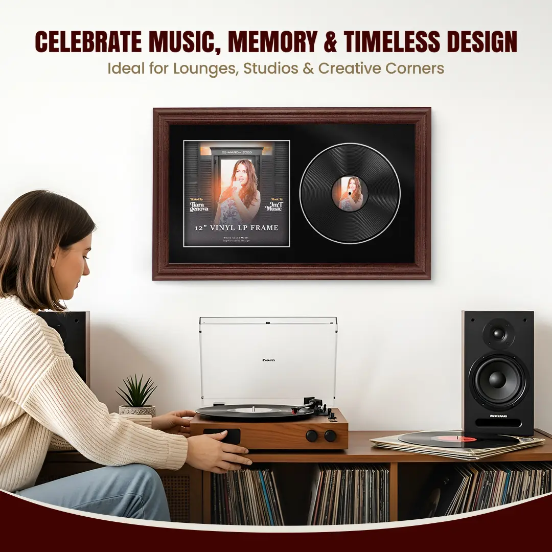 30x17" Classic Rose Wood Vinyl Record Frame With Black Mount | Side by Side 12" LP Cover & Disc Display thumbnail 4