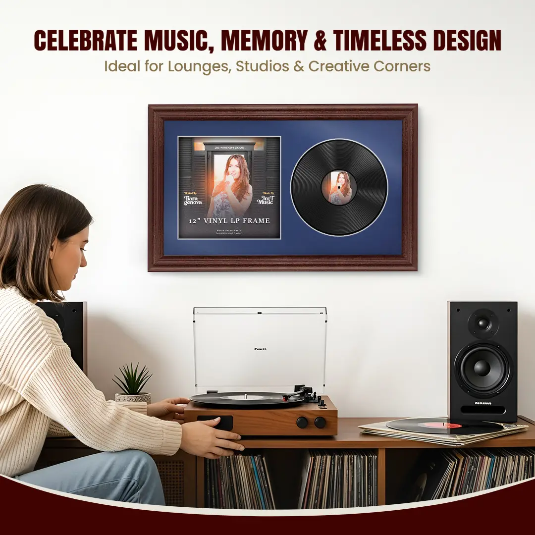30x17" Classic Rose Wood Vinyl Record Frame With Blue Mount | For 12" LP Cover and Disc Side By Side Display thumbnail 4