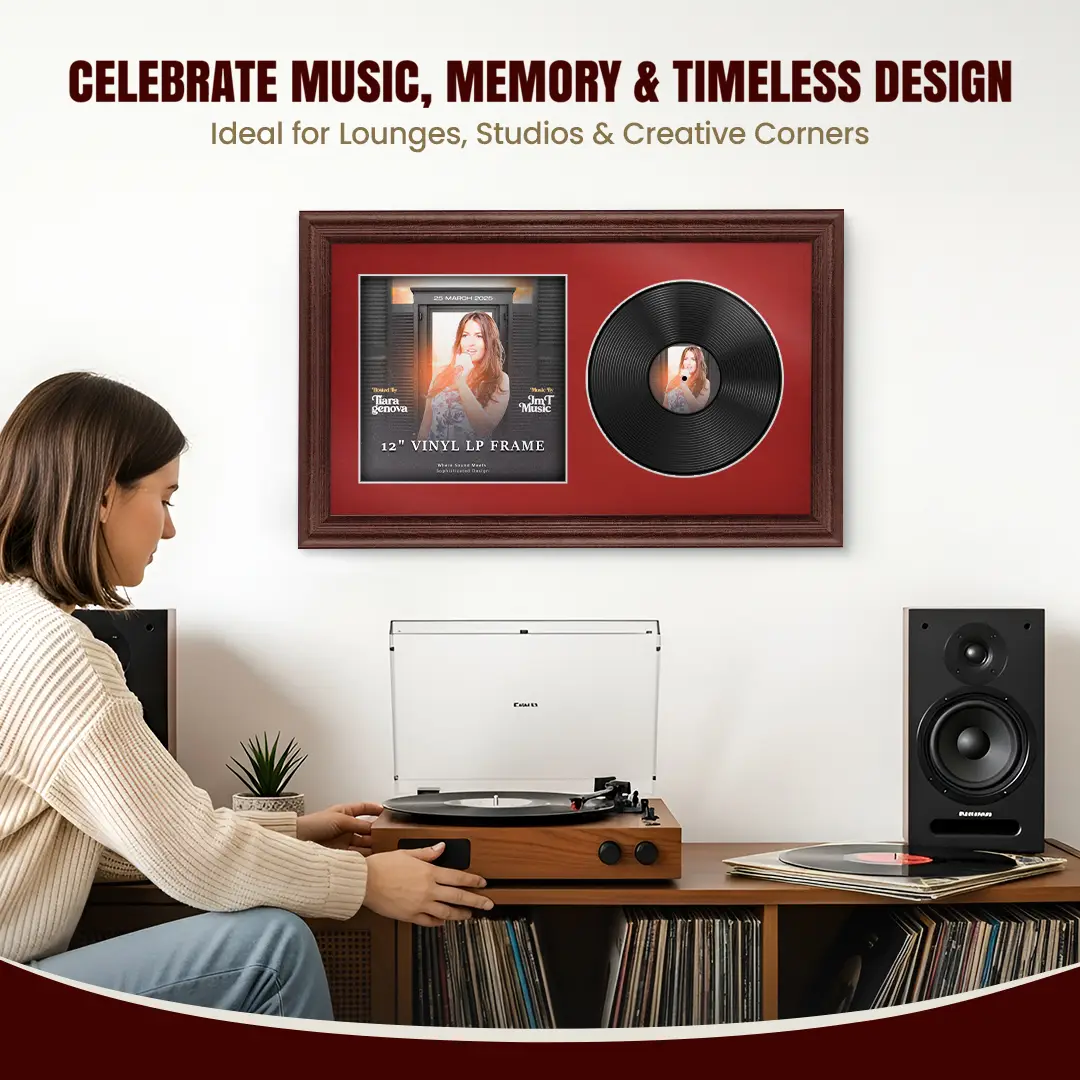 30x17" Classic Rose Wood Vinyl Record Frame With Crimson Mount | Side by Side 12" LP Cover & Disc Display thumbnail 4
