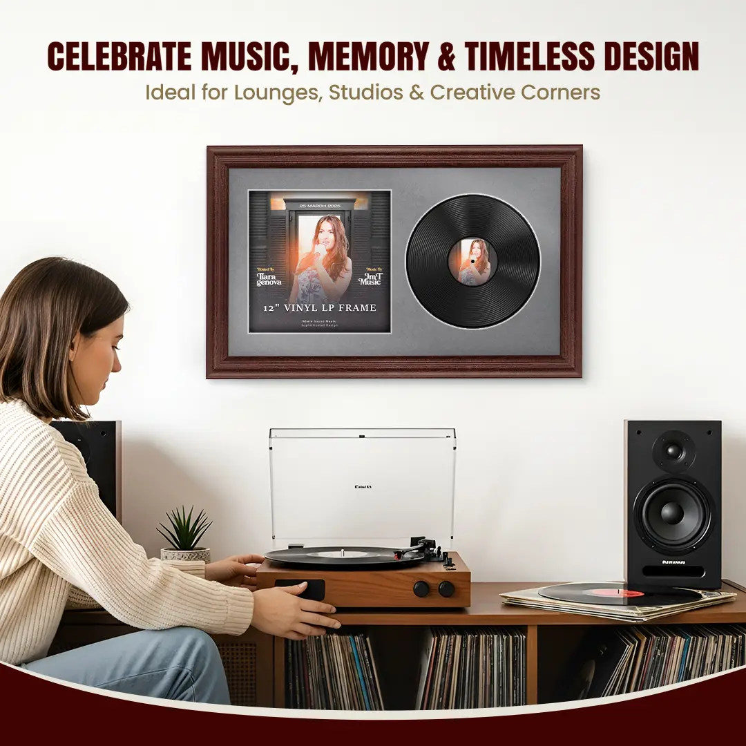 30x17" Classic Rose Wood Vinyl Record Frame With Mid Grey Mount | For 12" LP Cover and Disc Side By Side Display thumbnail 4