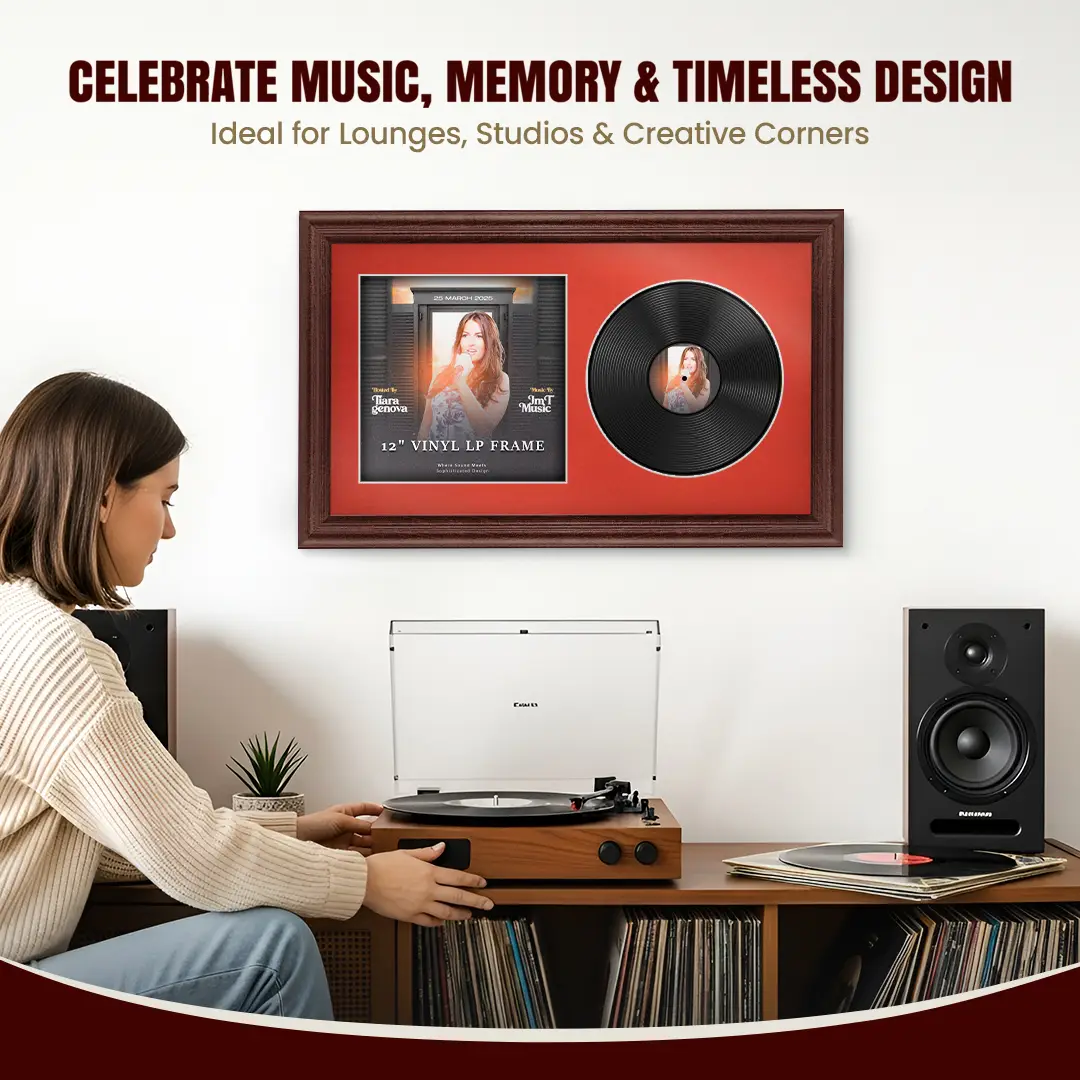 30x17" Classic Rose Wood Vinyl Record Frame With Poppy Red Mount | For 12" LP Cover and Disc Side By Side Display thumbnail 4