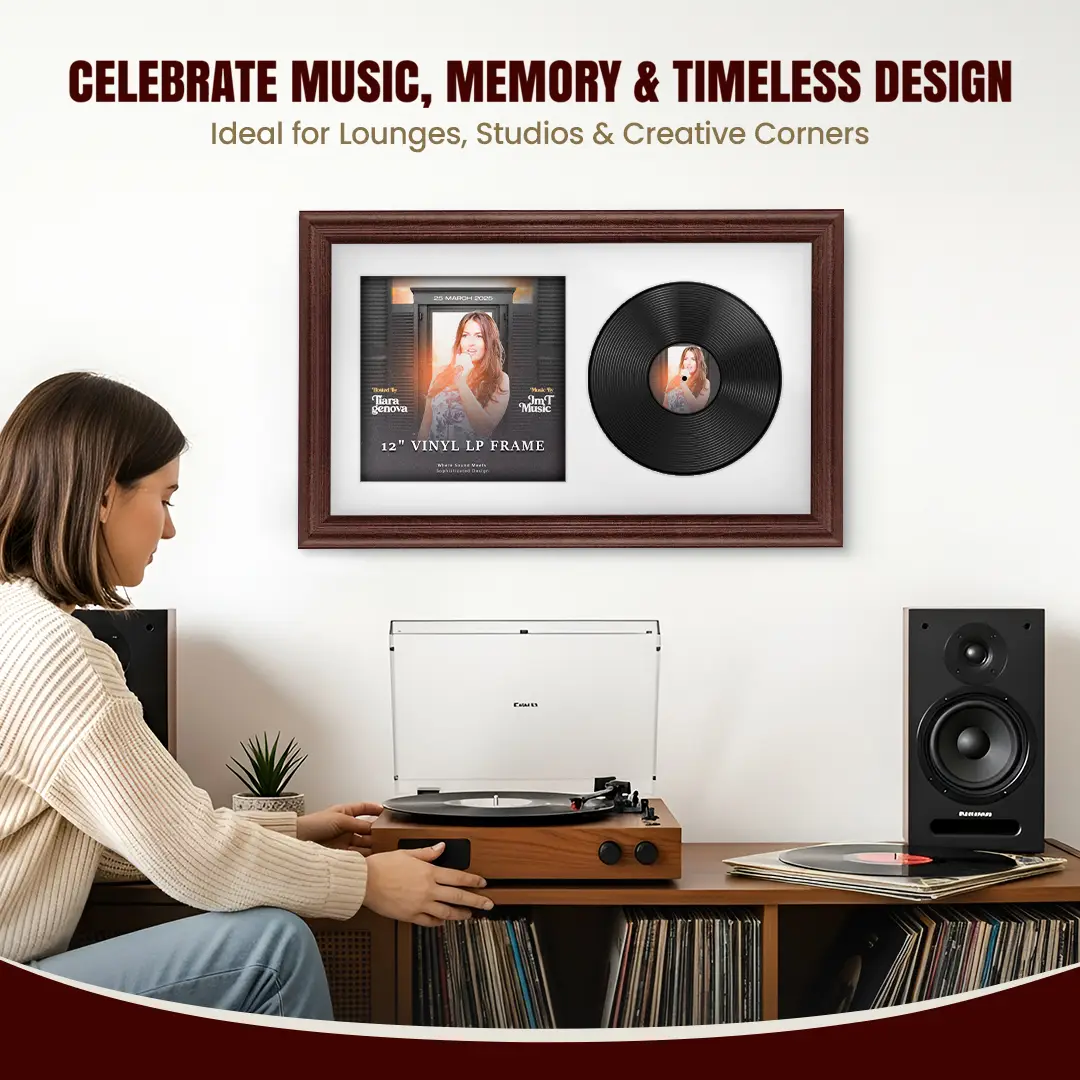 30x17" Classic Rose Wood Vinyl Record Frame With Ice White Mount | For 12" LP Cover and Disc Side By Side Display thumbnail 4