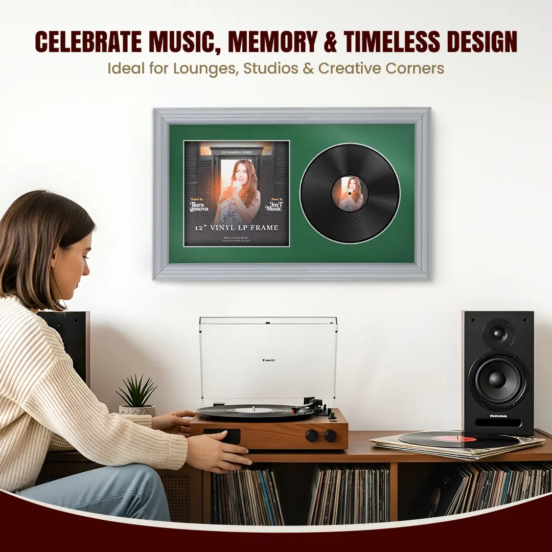 30x17" Classic Silver Vinyl Record Frame With Emerald (Green) Mount | Side by Side 12" LP Cover & Disc Display thumbnail 4