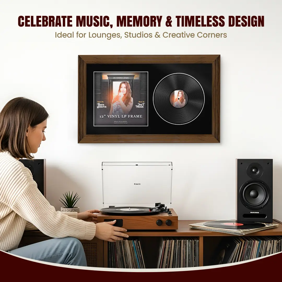30x17" Classic Walnut Vinyl Record Frame With Black Mount | For 12" LP Cover and Disc Side By Side Display thumbnail 4