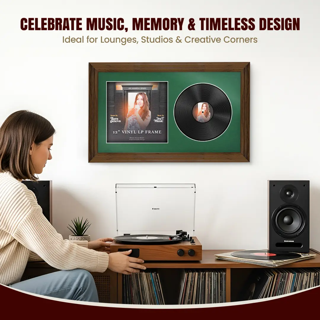 30x17" Classic Walnut Vinyl Record Frame With Emerald (Green) Mount | For 12" LP Cover and Disc Side By Side Display thumbnail 4